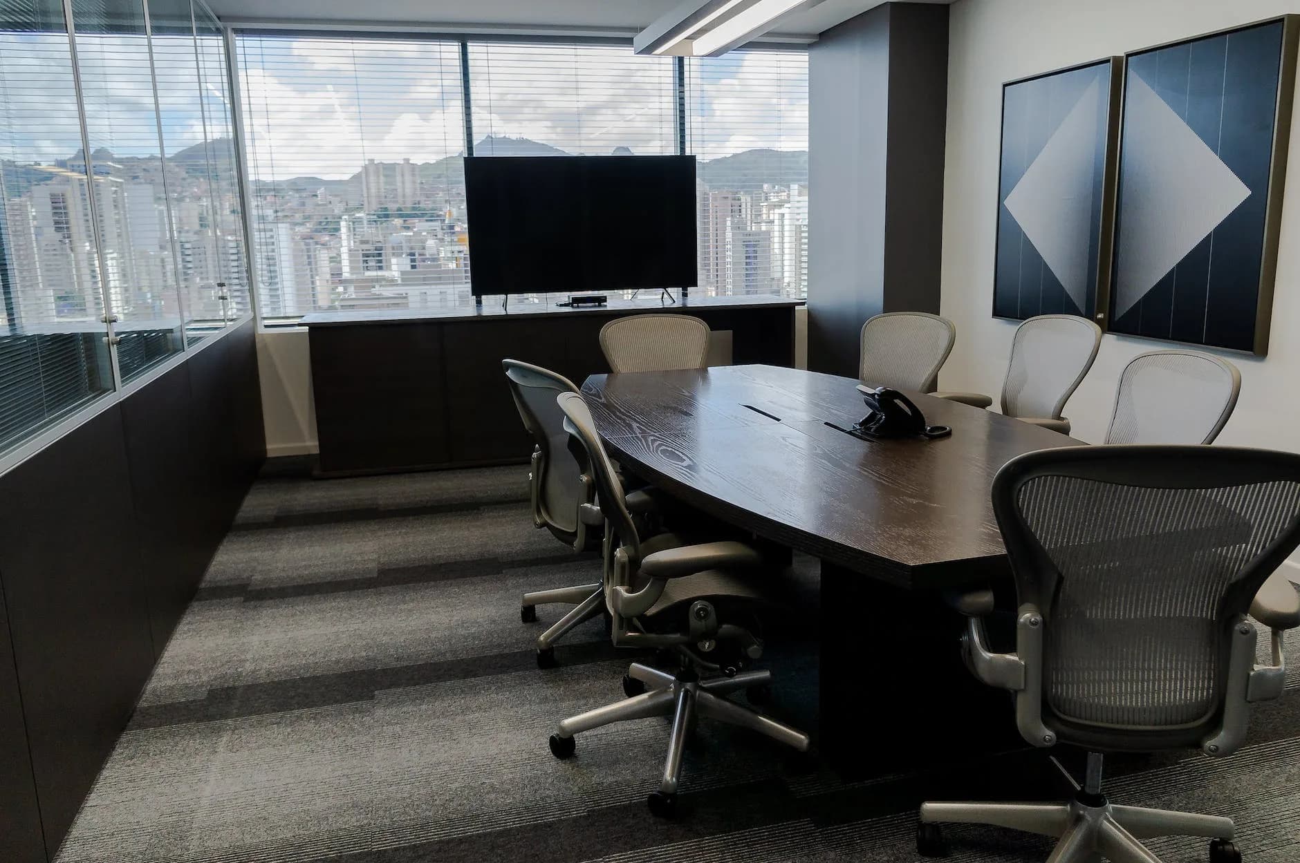 interior of contemporary conference room with long table