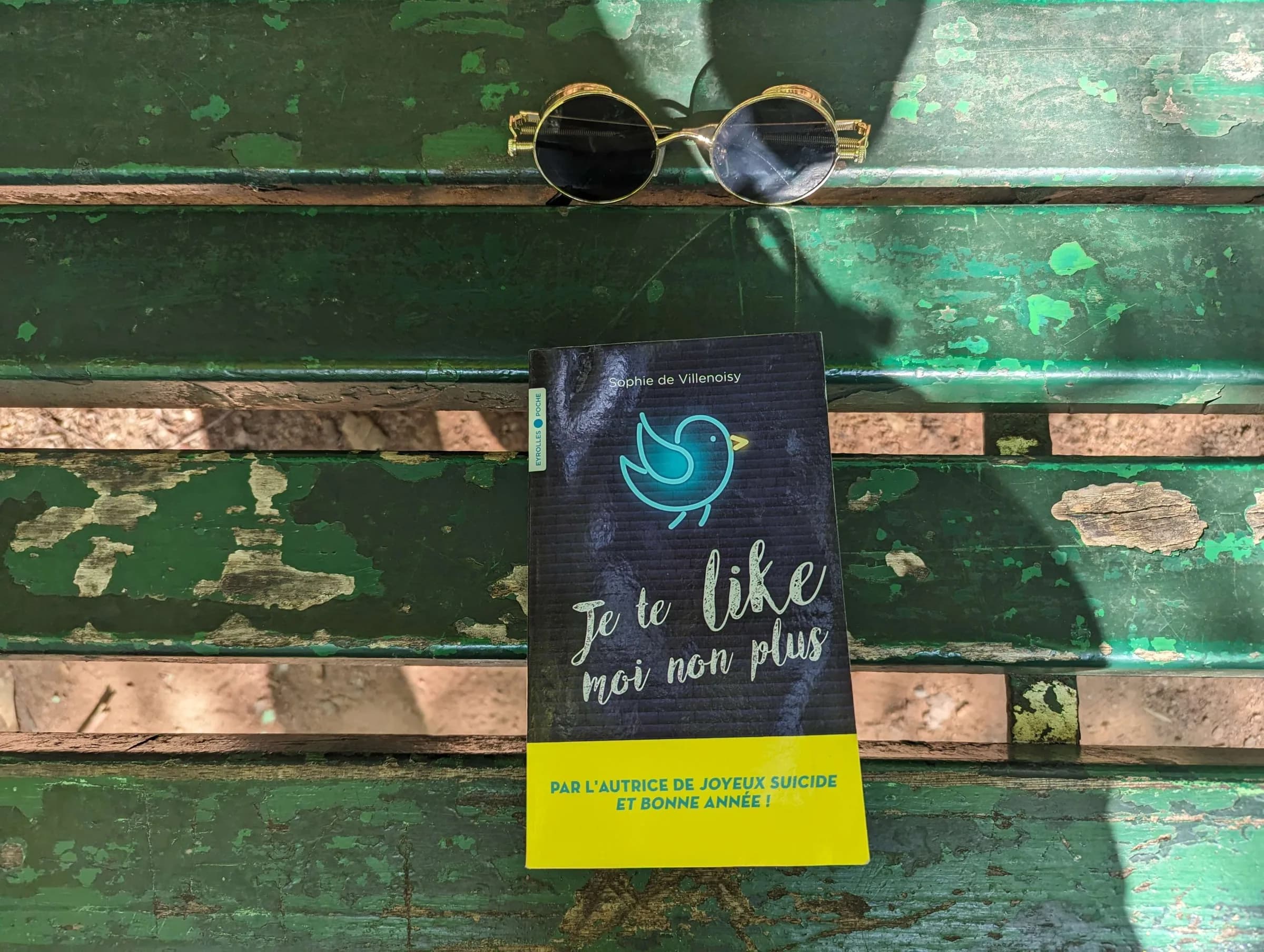Photo du livre "Je te like moi non plus" sur un banc avec une paire de lunettes au dessus