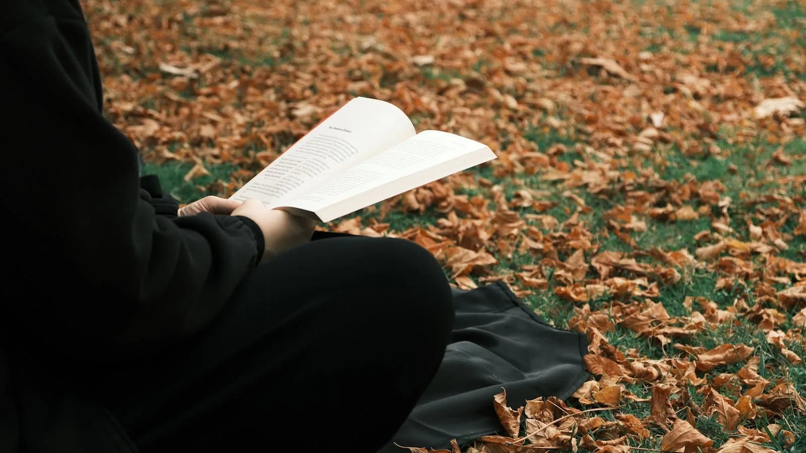 Relaxing Autumn Reading Outdoors on a Leafy Day