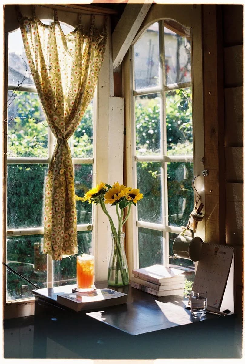 Un coin de fenêtre lumineux et confortable avec des tournesols dans un vase et des éléments de décoration intérieure.