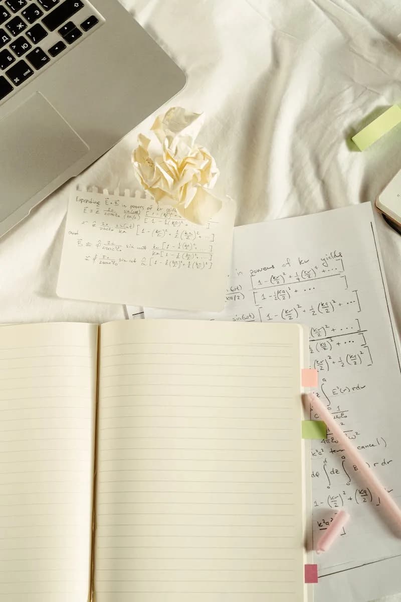 Une image à plat représentant un ordinateur portable, des cahiers et des notes mathématiques manuscrites, idéale pour les thèmes liés à l'éducation. Méthodes de révision